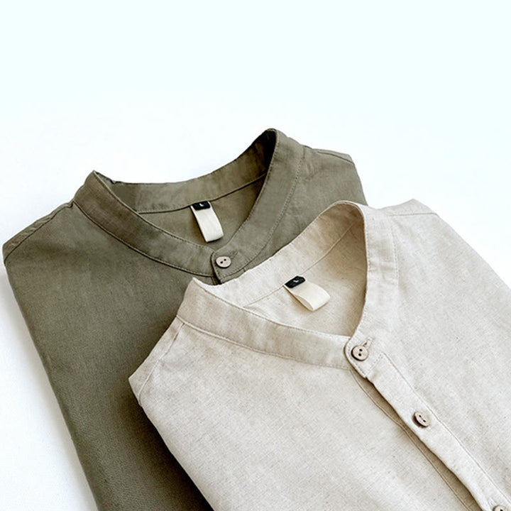 Camicia in lino a maniche corte con bottoni da uomo, tinta unita , Buddha Stones - image 1