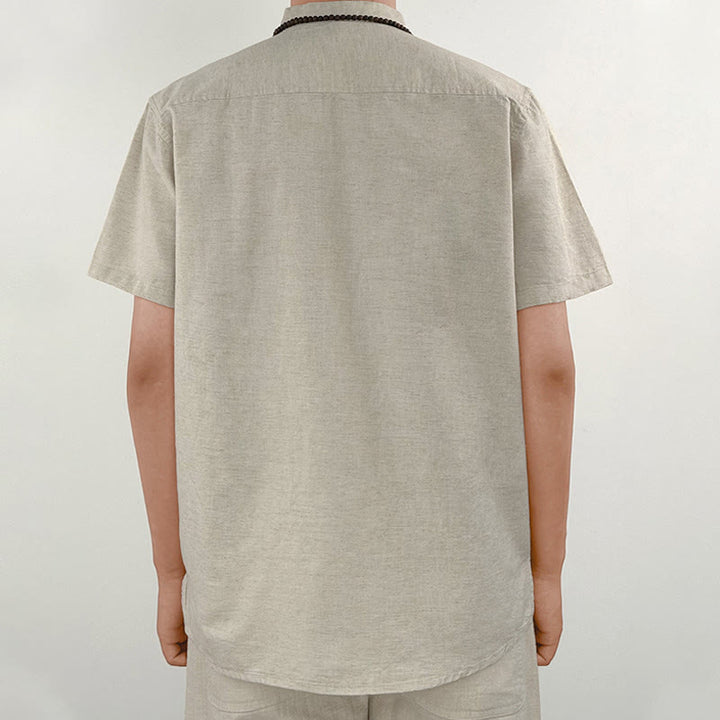 Camicia in lino a maniche corte con bottoni da uomo, tinta unita , Buddha Stones - image 9