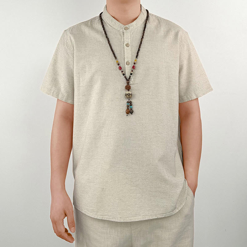 Camicia in lino a maniche corte con bottoni da uomo, tinta unita , Buddha Stones - image 10