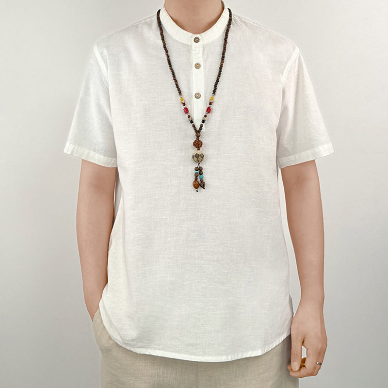 Camicia in lino a maniche corte con bottoni da uomo, tinta unita , Buddha Stones - Bianco - US/UK/AU44, EU54 (4XL) - image 16