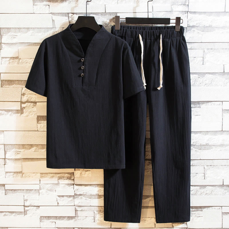 Set da uomo Buddha Stones, 2 pezzi, tinta unita, in cotone, con bottoni, maglietta a maniche corte e pantaloni - Nero - US/UK/AU46, EU56 (5XL) - image 10