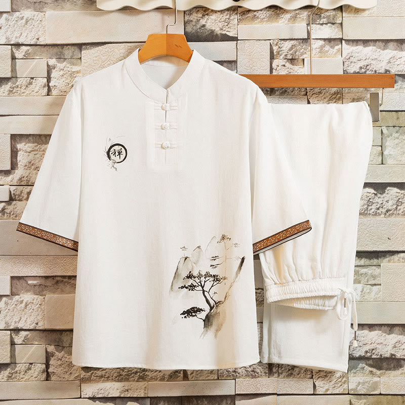 Buddha Stones 2 pezzi modello albero cotone lino rana-bottoni camicia manica corta pantaloni set uomo