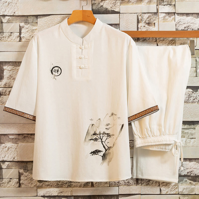 Buddha Stones 2 pezzi modello albero cotone lino rana-bottoni camicia manica corta pantaloni set uomo