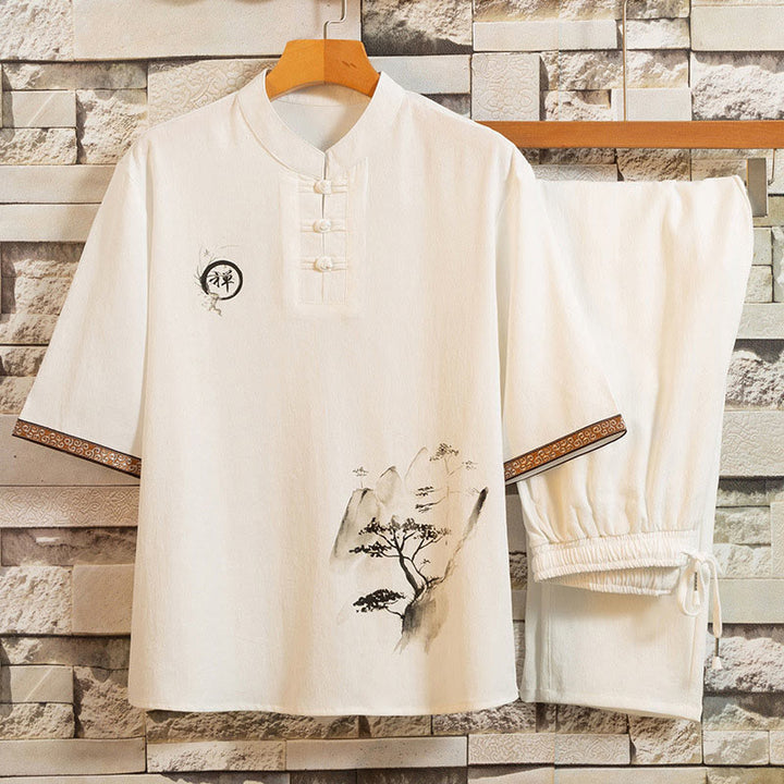 Buddha Stones 2 pezzi modello albero cotone lino rana-bottoni camicia manica corta pantaloni set uomo