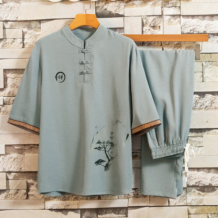 Buddha Stones 2 pezzi modello albero cotone lino rana-bottoni camicia manica corta pantaloni set uomo