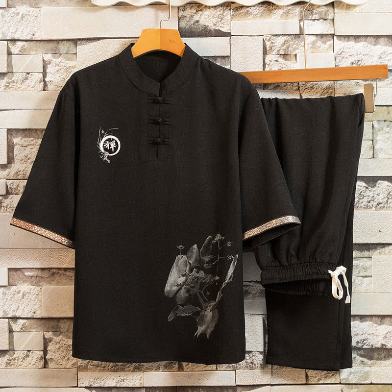 Buddha Stones 2 pezzi modello albero cotone lino rana-bottoni camicia manica corta pantaloni set uomo