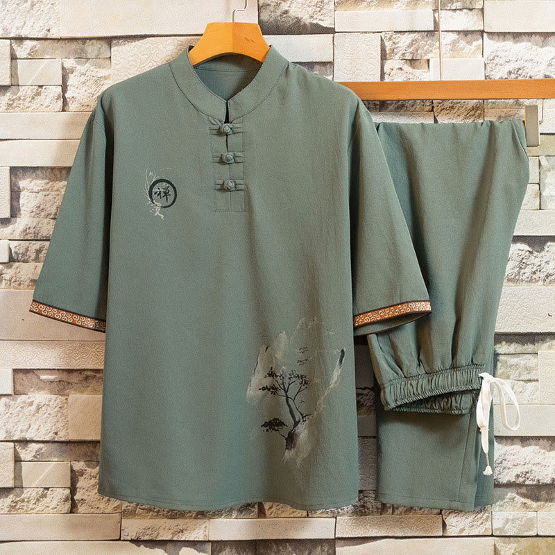 Buddha Stones 2 pezzi modello albero cotone lino rana-bottoni camicia manica corta pantaloni set uomo