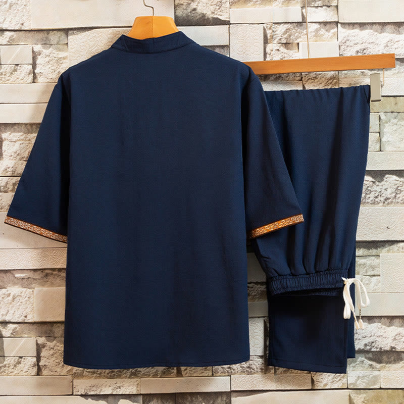 Buddha Stones 2 pezzi modello albero cotone lino rana-bottoni camicia manica corta pantaloni set uomo