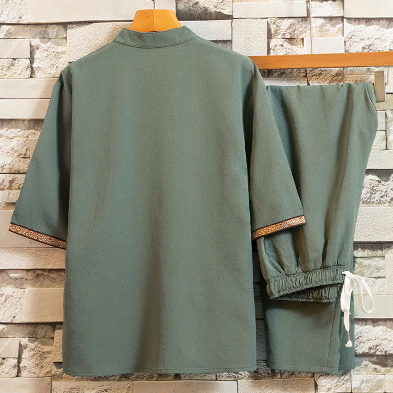 Buddha Stones 2 pezzi modello albero cotone lino rana-bottoni camicia manica corta pantaloni set uomo