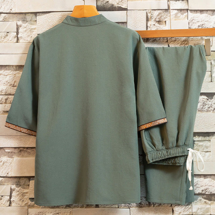 Buddha Stones 2 pezzi modello albero cotone lino rana-bottoni camicia manica corta pantaloni set uomo