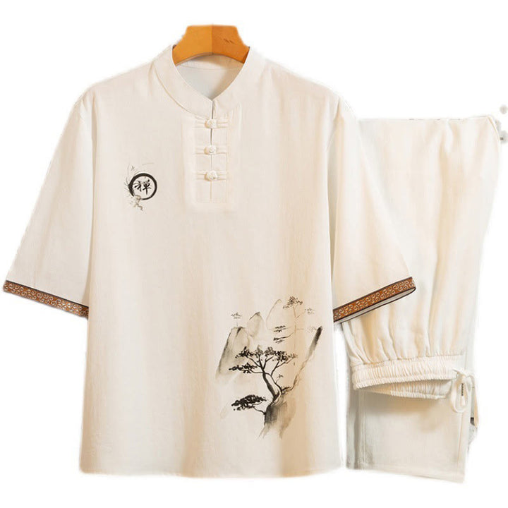 Buddha Stones 2 pezzi modello albero cotone lino rana-bottoni camicia manica corta pantaloni set uomo
