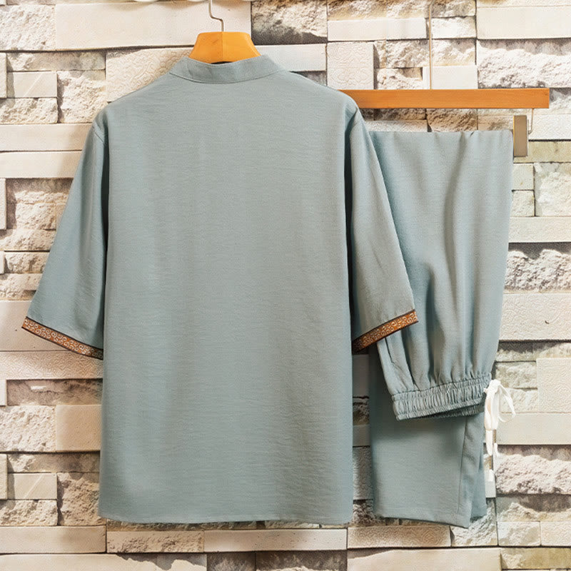 Buddha Stones 2 pezzi modello albero cotone lino rana-bottoni camicia manica corta pantaloni set uomo