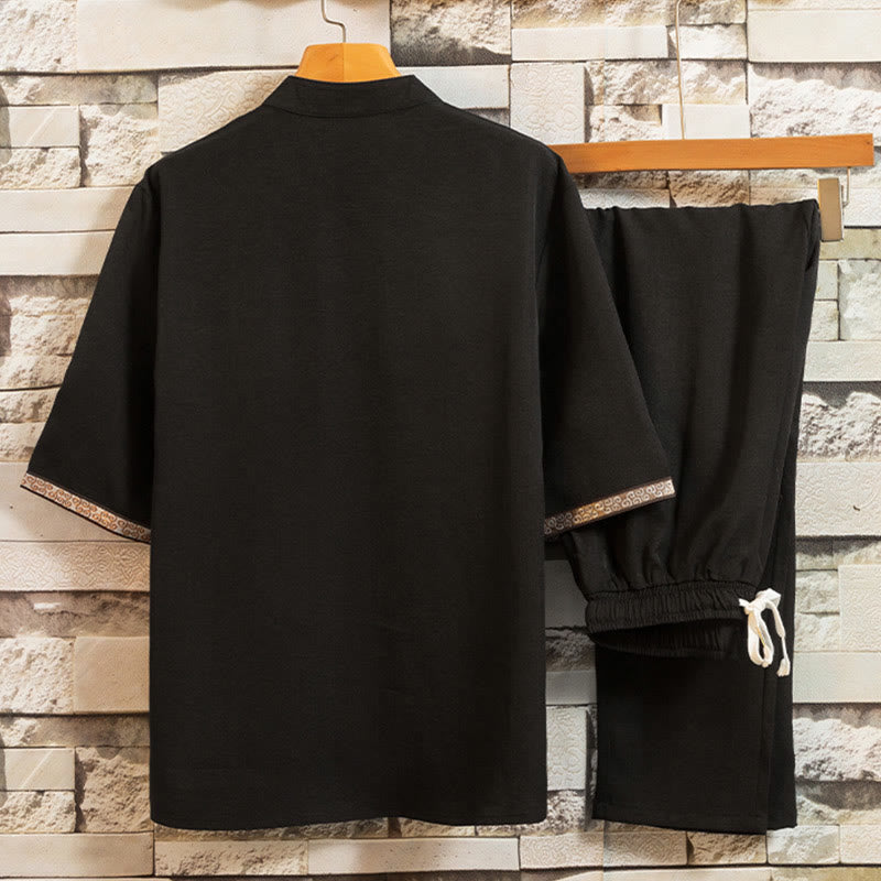 Buddha Stones 2 pezzi modello albero cotone lino rana-bottoni camicia manica corta pantaloni set uomo