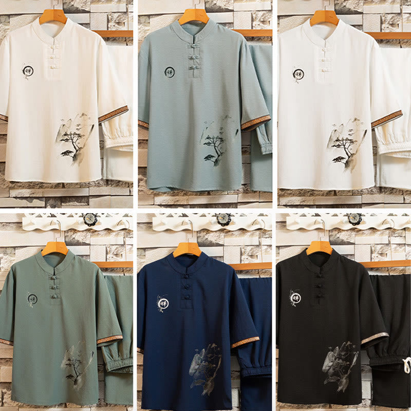 Buddha Stones 2 pezzi modello albero cotone lino rana-bottoni camicia manica corta pantaloni set uomo
