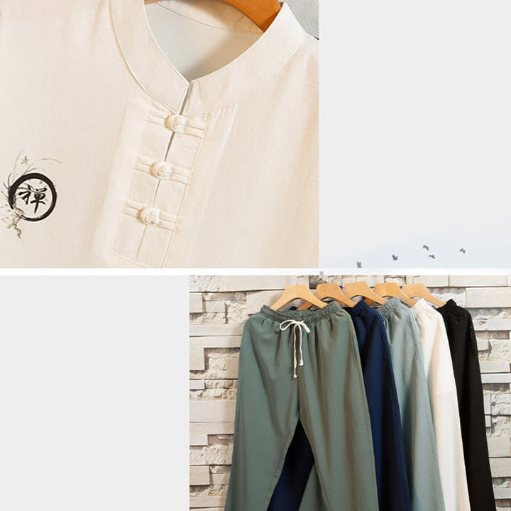Buddha Stones 2 pezzi modello albero cotone lino rana-bottoni camicia manica corta pantaloni set uomo