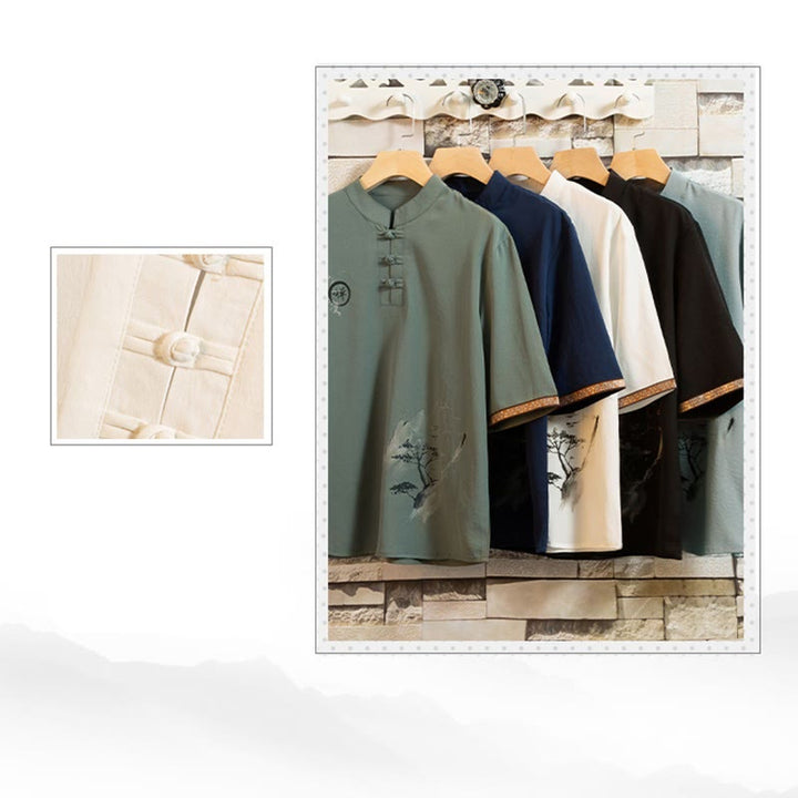Buddha Stones 2 pezzi modello albero cotone lino rana-bottoni camicia manica corta pantaloni set uomo