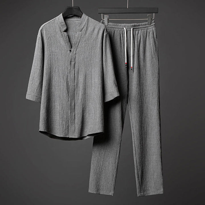 Set da uomo Buddha Stones 2 pezzi tinta unita con bottoni e pantaloni a mezza manica - Grigio - US/UK/AU44，EU54 (5XL) - image 0
