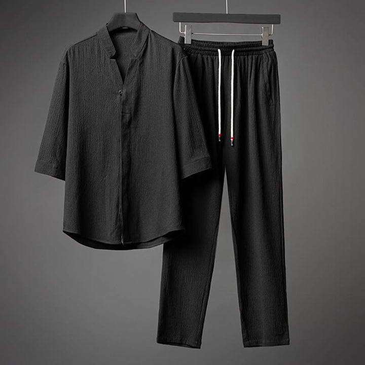 Set da uomo Buddha Stones 2 pezzi tinta unita con bottoni e pantaloni a mezza manica - Nero - US/UK/AU44，EU54 (5XL) - image 12