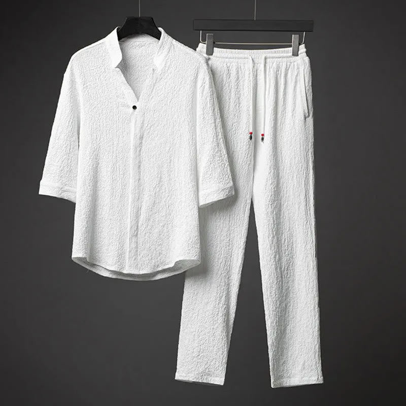 Set da uomo Buddha Stones 2 pezzi tinta unita con bottoni e pantaloni a mezza manica - Bianco - US/UK/AU44，EU54 (5XL) - image 2