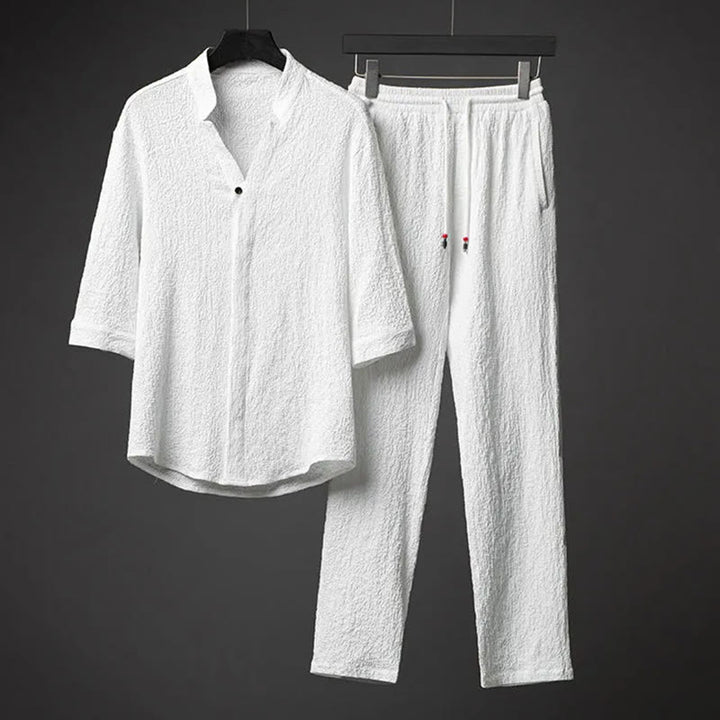 Set da uomo Buddha Stones 2 pezzi tinta unita con bottoni e pantaloni a mezza manica - Bianco - US/UK/AU44，EU54 (5XL) - image 2