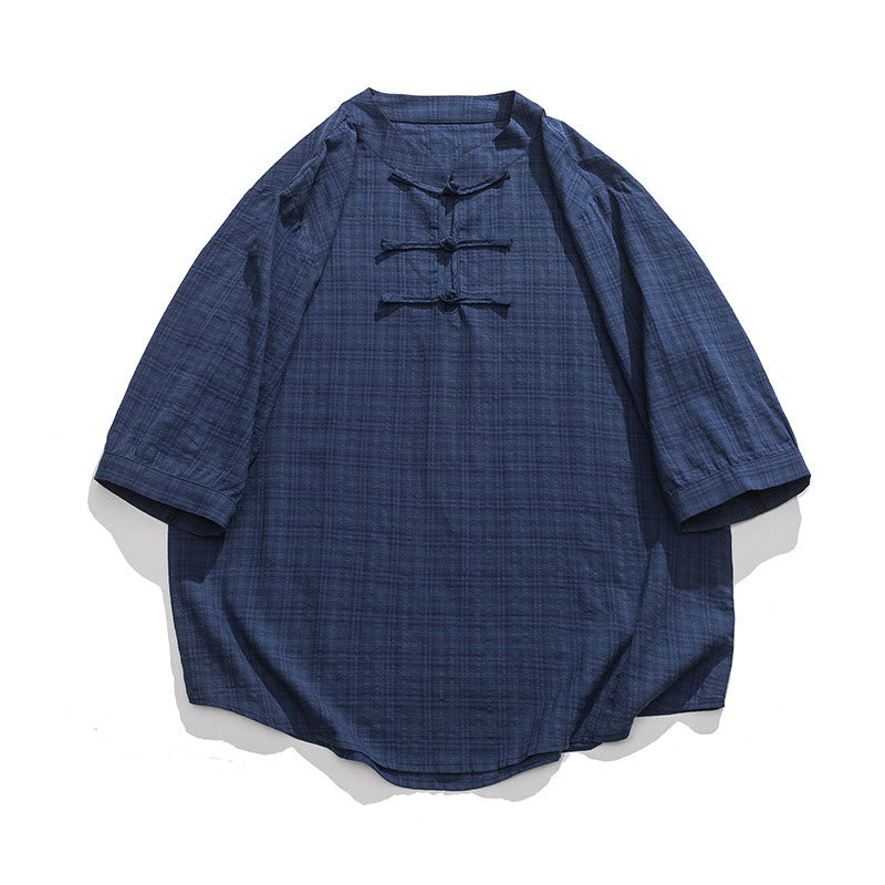 Camicia a maniche corte in cotone e lino con bottoni a Buddha Stones e motivo a quadri cinese Tang Suit, abbigliamento da uomo