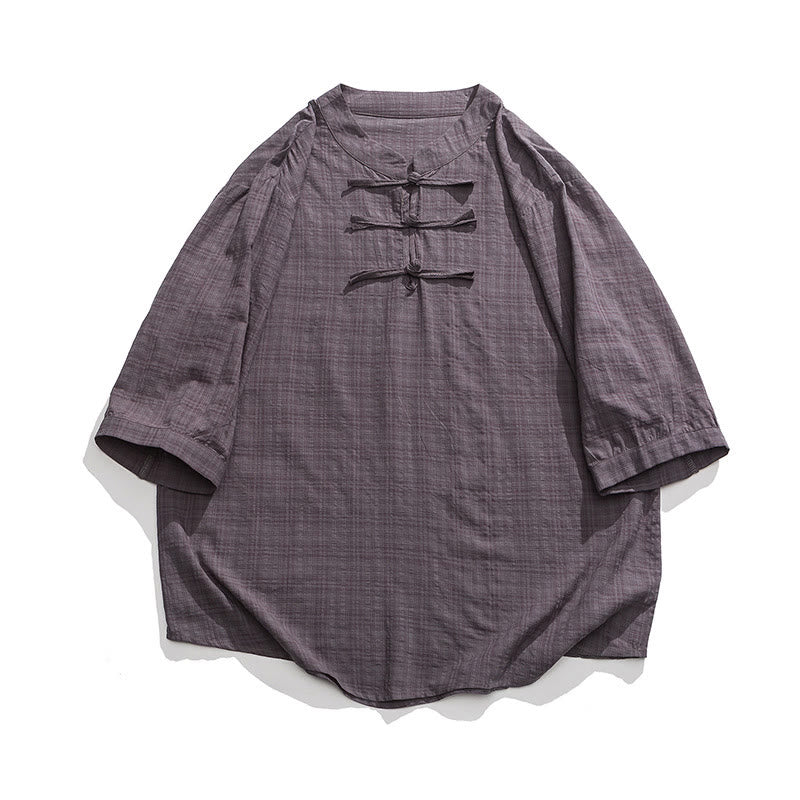 Camicia a maniche corte in cotone e lino con bottoni a Buddha Stones e motivo a quadri cinese Tang Suit, abbigliamento da uomo