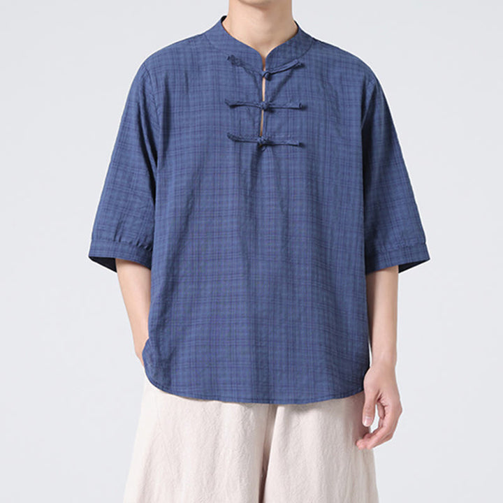 Camicia a maniche corte in cotone e lino con bottoni a Buddha Stones e motivo a quadri cinese Tang Suit, abbigliamento da uomo