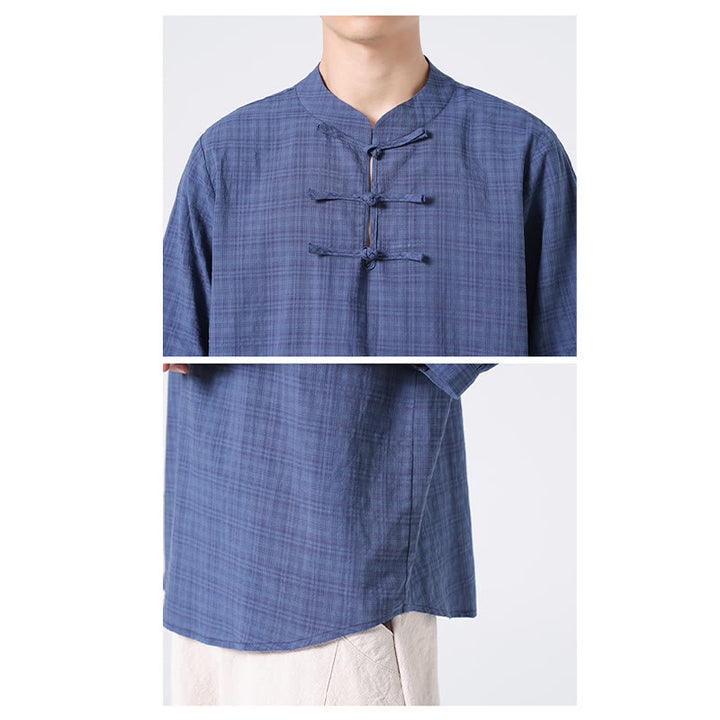 Camicia a maniche corte in cotone e lino con bottoni a Buddha Stones e motivo a quadri cinese Tang Suit, abbigliamento da uomo