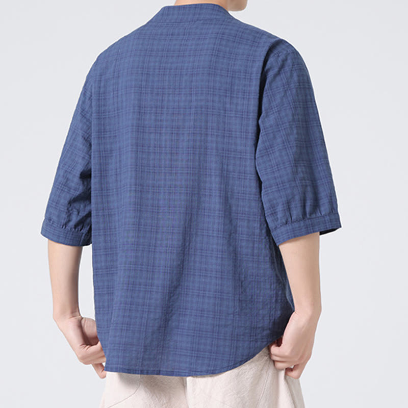 Camicia a maniche corte in cotone e lino con bottoni a Buddha Stones e motivo a quadri cinese Tang Suit, abbigliamento da uomo