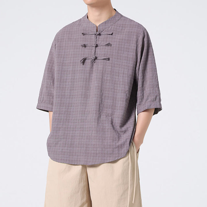 Camicia a maniche corte in cotone e lino con bottoni a Buddha Stones e motivo a quadri cinese Tang Suit, abbigliamento da uomo