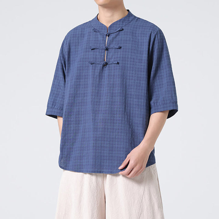 Camicia a maniche corte in cotone e lino con bottoni a Buddha Stones e motivo a quadri cinese Tang Suit, abbigliamento da uomo