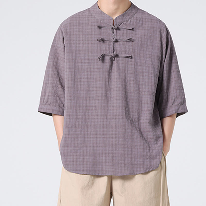 Camicia a maniche corte in cotone e lino con bottoni a Buddha Stones e motivo a quadri cinese Tang Suit, abbigliamento da uomo
