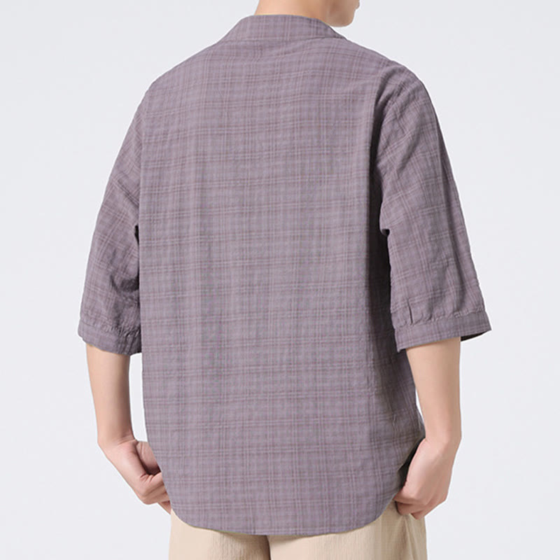 Camicia a maniche corte in cotone e lino con bottoni a Buddha Stones e motivo a quadri cinese Tang Suit, abbigliamento da uomo