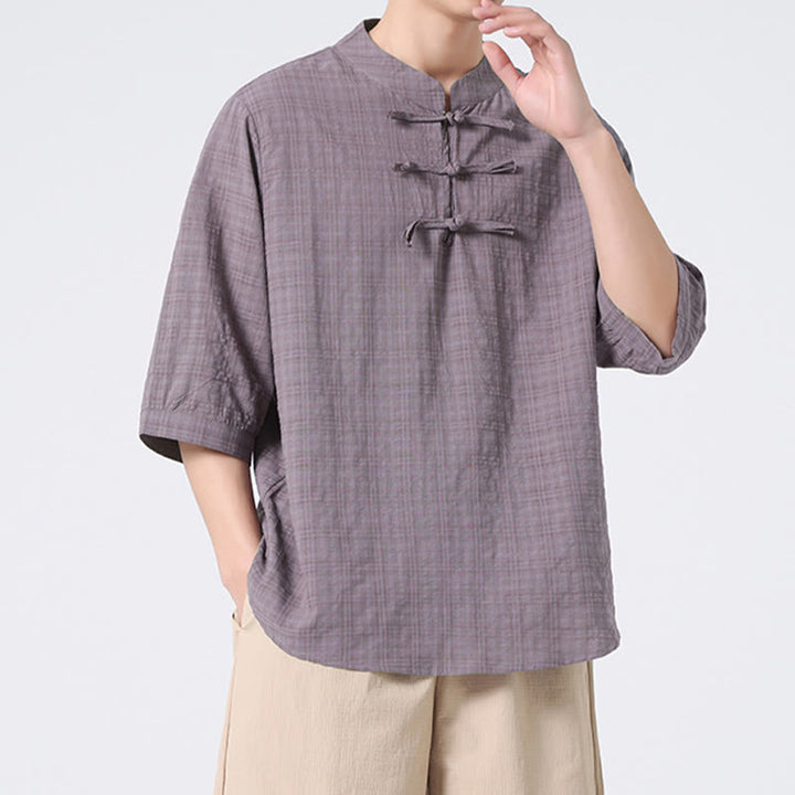 Camicia a maniche corte in cotone e lino con bottoni a Buddha Stones e motivo a quadri cinese Tang Suit, abbigliamento da uomo