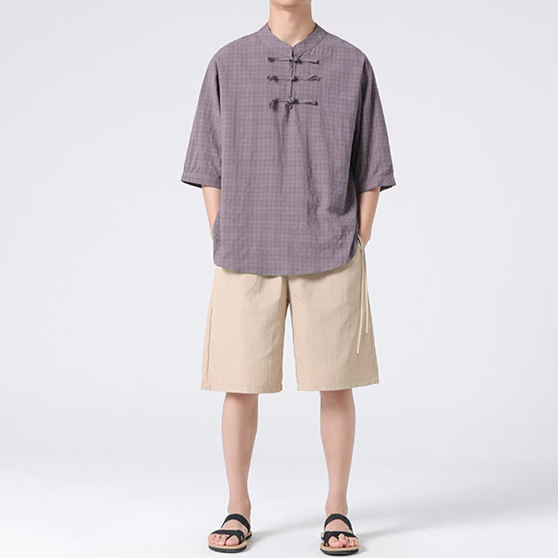 Camicia a maniche corte in cotone e lino con bottoni a Buddha Stones e motivo a quadri cinese Tang Suit, abbigliamento da uomo