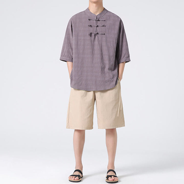 Camicia a maniche corte in cotone e lino con bottoni a Buddha Stones e motivo a quadri cinese Tang Suit, abbigliamento da uomo