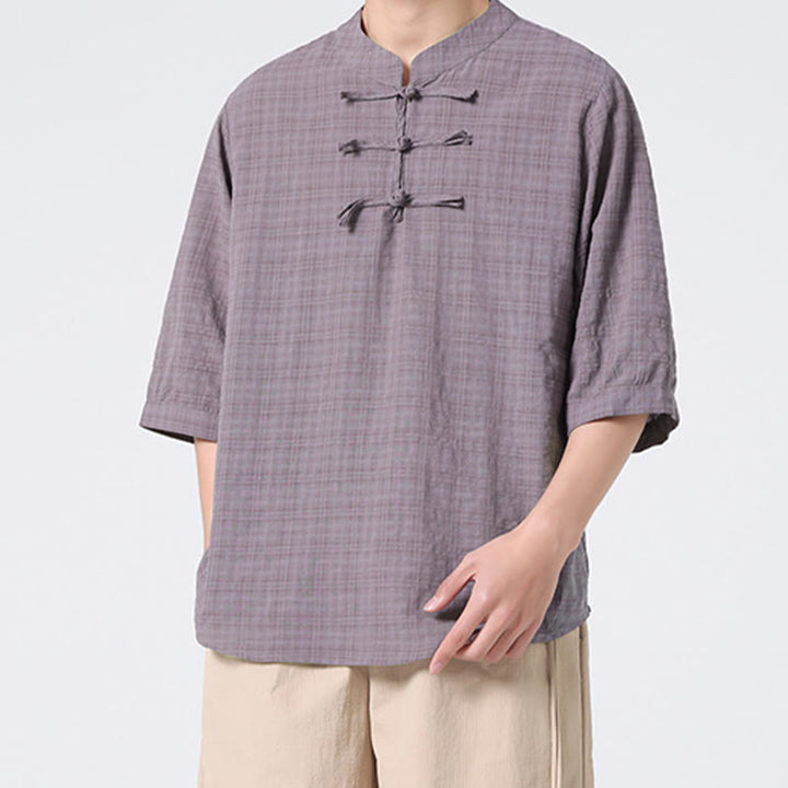 Camicia a maniche corte in cotone e lino con bottoni a Buddha Stones e motivo a quadri cinese Tang Suit, abbigliamento da uomo