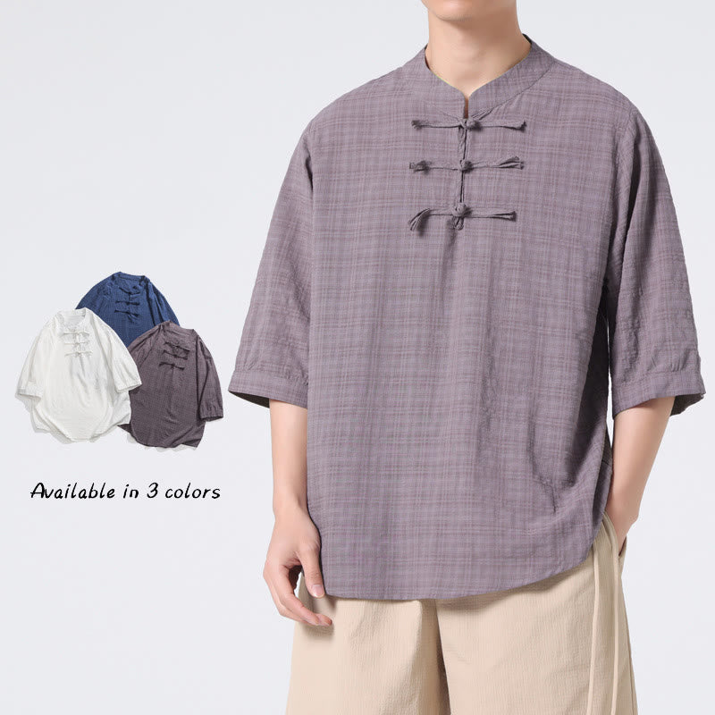 Camicia a maniche corte in cotone e lino con bottoni a Buddha Stones e motivo a quadri cinese Tang Suit, abbigliamento da uomo
