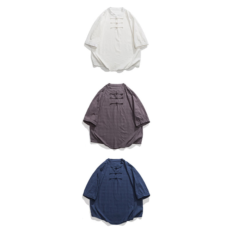 Camicia a maniche corte in cotone e lino con bottoni a Buddha Stones e motivo a quadri cinese Tang Suit, abbigliamento da uomo