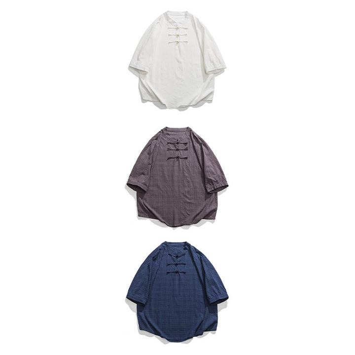Camicia a maniche corte in cotone e lino con bottoni a Buddha Stones e motivo a quadri cinese Tang Suit, abbigliamento da uomo