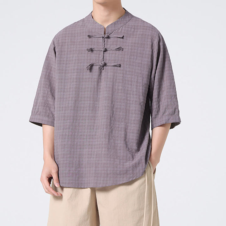 Camicia a maniche corte in cotone e lino con bottoni a Buddha Stones e motivo a quadri cinese Tang Suit, abbigliamento da uomo