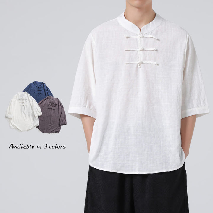 Camicia a maniche corte in cotone e lino con bottoni a Buddha Stones e motivo a quadri cinese Tang Suit, abbigliamento da uomo