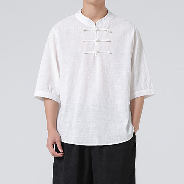 Camicia a maniche corte in cotone e lino con bottoni a Buddha Stones e motivo a quadri cinese Tang Suit, abbigliamento da uomo