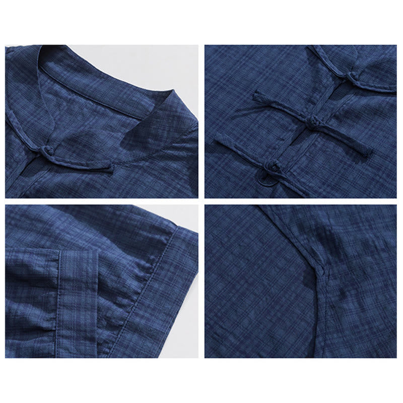 Camicia a maniche corte in cotone e lino con bottoni a Buddha Stones e motivo a quadri cinese Tang Suit, abbigliamento da uomo