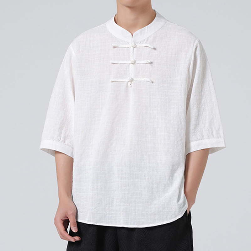 Camicia a maniche corte in cotone e lino con bottoni a Buddha Stones e motivo a quadri cinese Tang Suit, abbigliamento da uomo