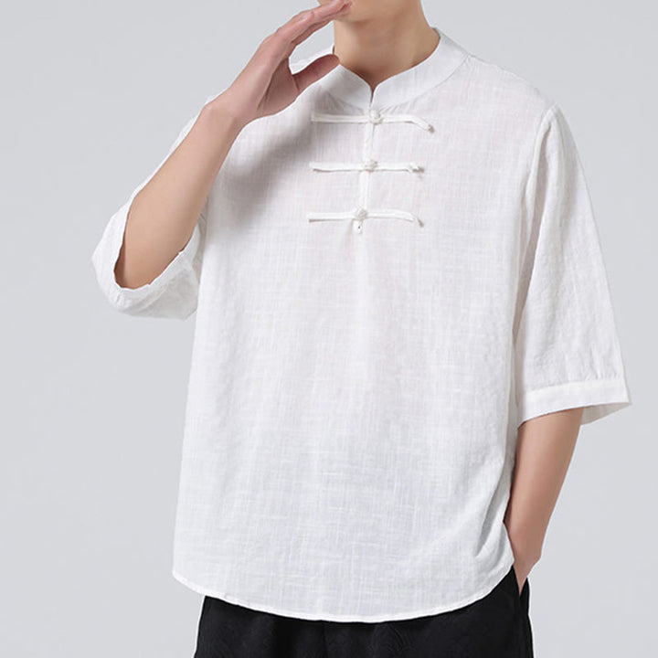 Camicia a maniche corte in cotone e lino con bottoni a Buddha Stones e motivo a quadri cinese Tang Suit, abbigliamento da uomo