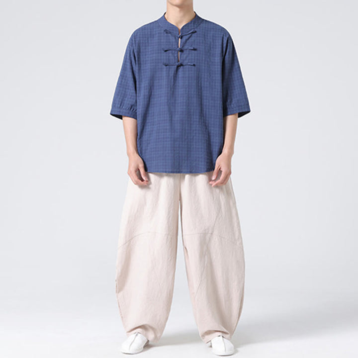 Camicia a maniche corte in cotone e lino con bottoni a Buddha Stones e motivo a quadri cinese Tang Suit, abbigliamento da uomo