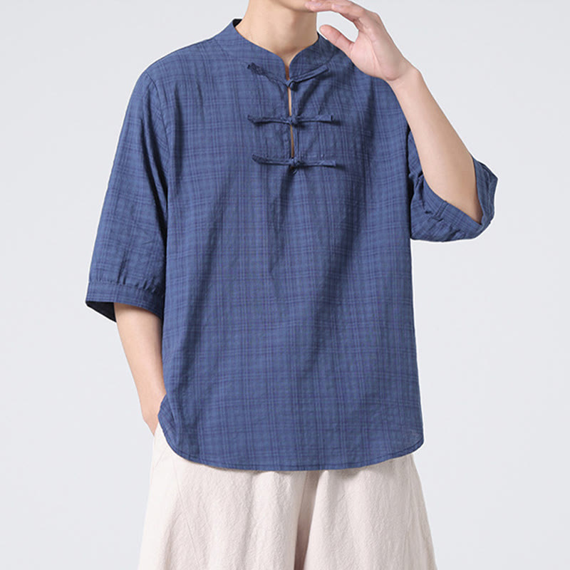 Camicia a maniche corte in cotone e lino con bottoni a Buddha Stones e motivo a quadri cinese Tang Suit, abbigliamento da uomo