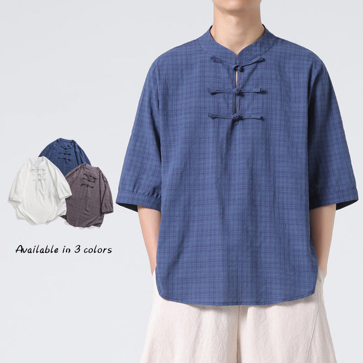 Camicia a maniche corte in cotone e lino con bottoni a Buddha Stones e motivo a quadri cinese Tang Suit, abbigliamento da uomo