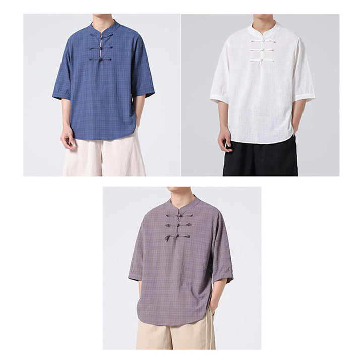 Camicia a maniche corte in cotone e lino con bottoni a Buddha Stones e motivo a quadri cinese Tang Suit, abbigliamento da uomo